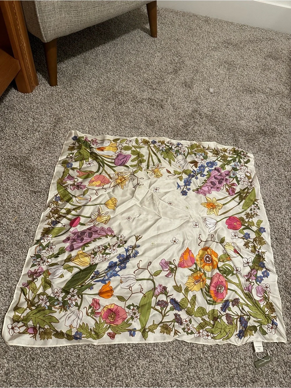 Vera Bradley Cream Floral Silk Square Scarf with Multi-Color Blooms
